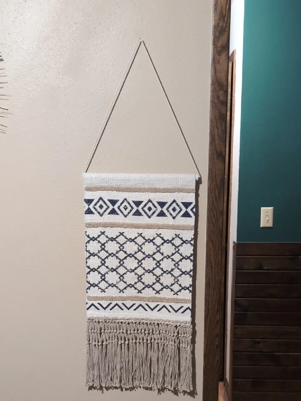 Neutral and Navy Aztec Macramé Wall Hanging - Picture 2 of 4
